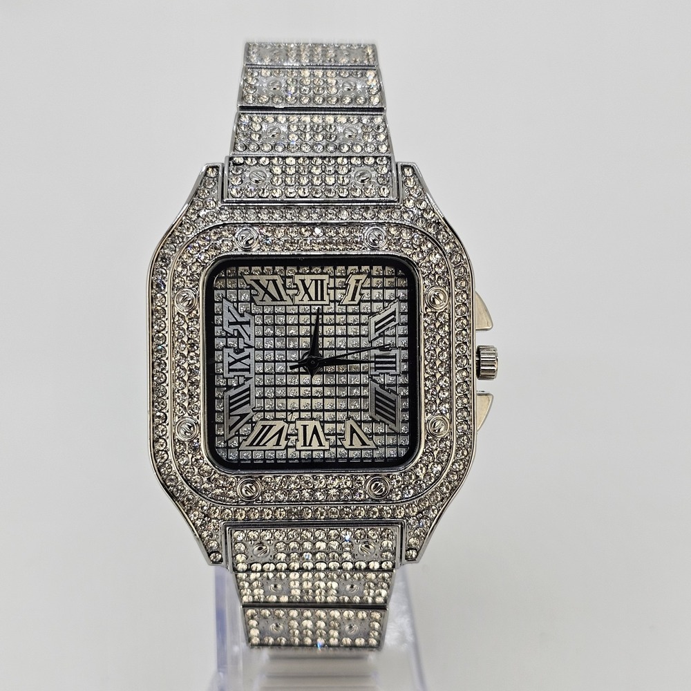 Men's Ice Out Square Watch 41MM Gray Dial Gray Bracelet Band 8" New Battery